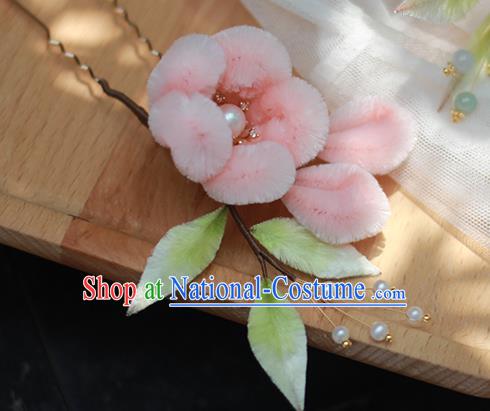 Chinese Traditional Pink Velvet Plum Blossom Hair Stick Hanfu Pearl Hairpin