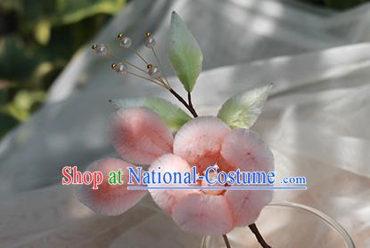 Chinese Traditional Pink Velvet Plum Blossom Hair Stick Hanfu Pearl Hairpin