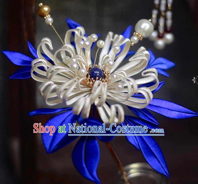 Chinese Traditional White Silk Chrysanthemum Hair Stick Hanfu Hair Accessories Handmade Classical Pearls Hairpin