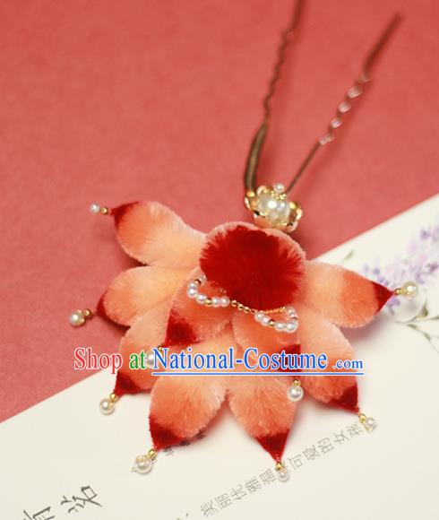 Chinese Handmade Classical Red Velvet Fox Tail Hairpin Traditional Hair Accessories Hanfu Pearls Hair Stick