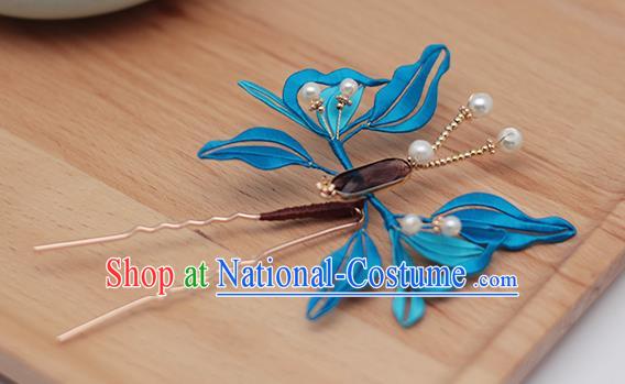 Chinese Handmade Classical Hairpin Traditional Blue Silk Butterfly Hair Stick Hair Accessories