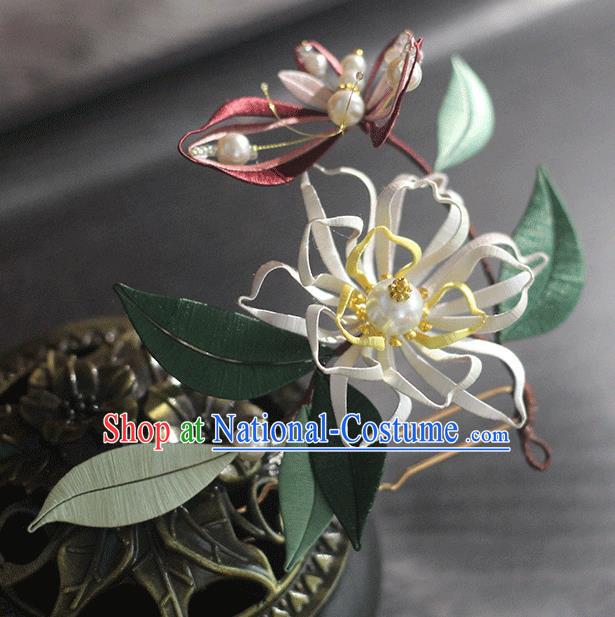 Chinese Traditional Silk Butterfly Flower Hairpin Handmade Hair Accessories Classical Pearls Hair Stick