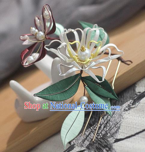 Chinese Traditional Silk Butterfly Flower Hairpin Handmade Hair Accessories Classical Pearls Hair Stick