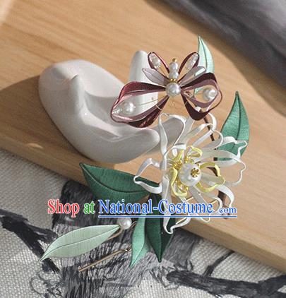 Chinese Traditional Silk Butterfly Flower Hairpin Handmade Hair Accessories Classical Pearls Hair Stick