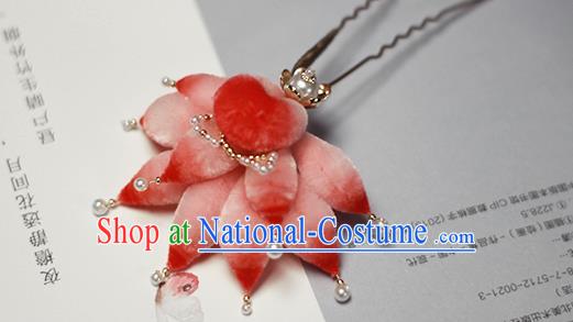 Chinese Traditional Hair Accessories Hanfu Pearls Hair Stick Handmade Classical Pink Velvet Fox Tail Hairpin