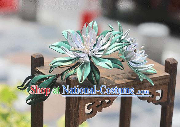 Chinese Handmade Hair Accessories Classical Deep Green Silk Epiphyllum Hair Stick Traditional Hanfu Hairpin