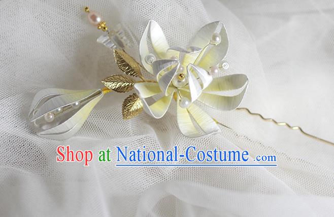 Chinese Handmade Beige Silk Flower Hair Stick Traditional Hanfu Hairpin Classical Hair Accessories