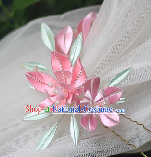 Chinese Traditional Song Dynasty Flowers Hairpin Classical Hair Accessories Handmade Pink Silk Hair Stick