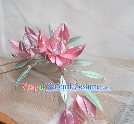 Chinese Traditional Song Dynasty Flowers Hairpin Classical Hair Accessories Handmade Pink Silk Hair Stick