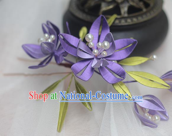 Chinese Handmade Ancient Princess Purple Silk Hair Stick Traditional Song Dynasty Flowers Hairpin