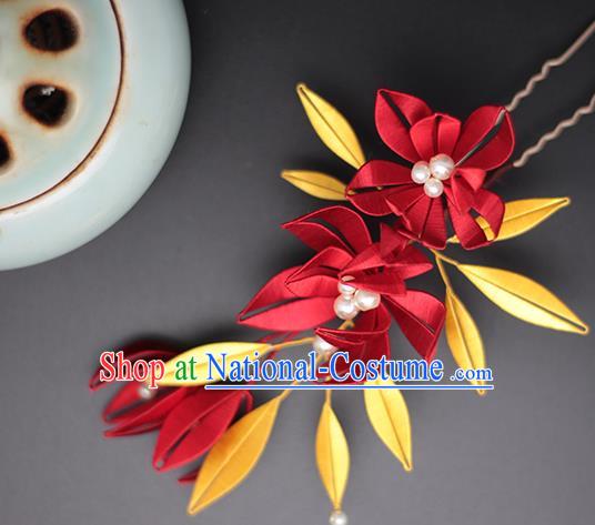 Chinese Traditional Song Dynasty Palace Lady Hairpin Handmade Ancient Princess Red Silk Hair Stick