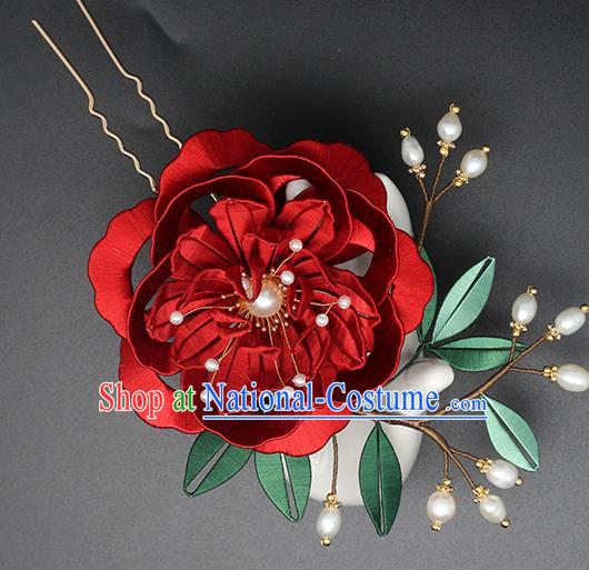 Chinese Traditional Red Silk Peony Hair Stick Hanfu Hair Accessories Handmade Classical Pearls Hairpin