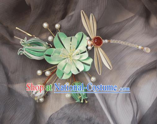 Chinese Ancient Palace Lady Hairpin Traditional Song Dynasty Headpiece Handmade Green Silk Lotus Dragonfly Hair Stick