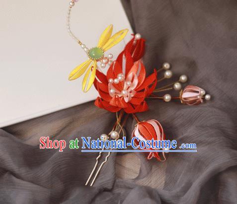 Chinese Handmade Red Silk Lotus Dragonfly Hair Stick Ancient Palace Lady Hairpin Traditional Song Dynasty Headpiece