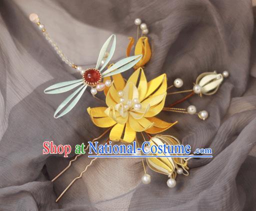 Chinese Ancient Princess Hairpin Handmade Yellow Silk Lotus Dragonfly Hair Stick