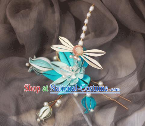 Chinese Handmade Blue Silk Lotus Dragonfly Hair Stick Ancient Royal Princess Hairpin Headwear