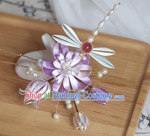 Chinese Handmade Lilac Silk Lotus Dragonfly Hair Stick Ancient Palace Lady Pearls Hairpin