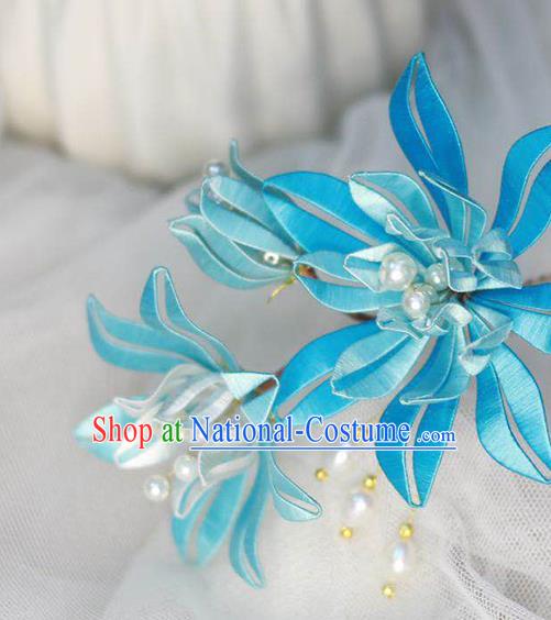 Chinese Handmade Blue Silk Flowers Hairpin Ancient Ming Dynasty Hair Stick