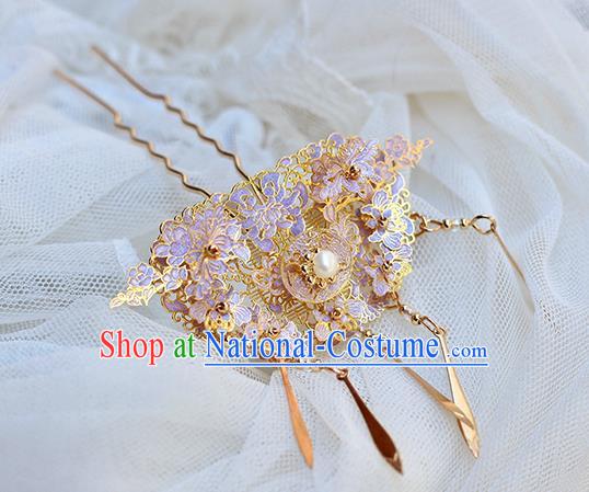 Chinese Ancient Qing Dynasty Palace Lady Tassel Hair Stick Handmade Enamel Purple Hairpin