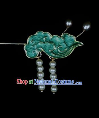 Chinese Traditional Cloisonne Cloud Hairpin Ancient Qing Dynasty Princess Pearls Tassel Green Hair Stick