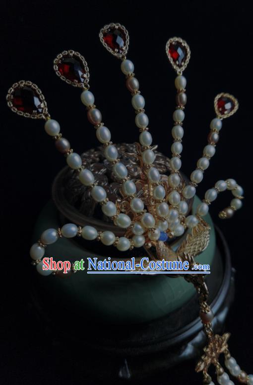 Chinese Ancient Ming Dynasty Empress Pearls Phoenix Hair Crown Traditional Red Crystal Tassel Hairpin