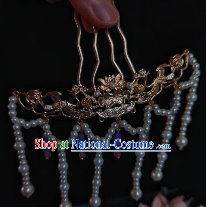 Chinese Traditional Golden Lotus Hairpin Ancient Ming Dynasty Empress Pearls Tassel Hair Comb