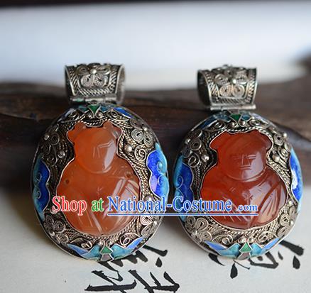 China Traditional Cloisonne Silver Necklet Jewelry Accessories National Agate Carving Friendlies Necklace Pendant