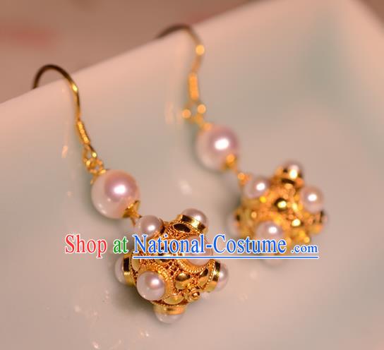 Chinese Ancient Court Princess Golden Ear Jewelry Traditional Tang Dynasty Pearls Earrings Accessories