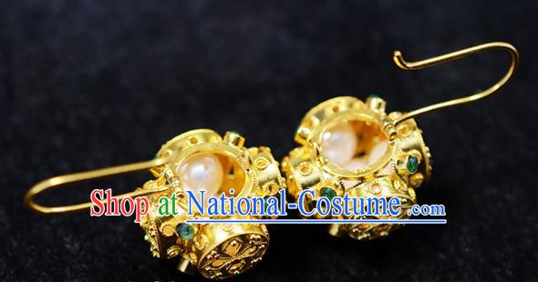 Chinese Ancient Court Princess Filigree Golden Ear Jewelry Traditional Qing Dynasty Pearls Earrings Accessories