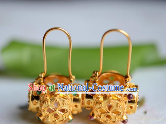 Chinese Ancient Court Princess Filigree Golden Ear Jewelry Traditional Qing Dynasty Pearls Earrings Accessories