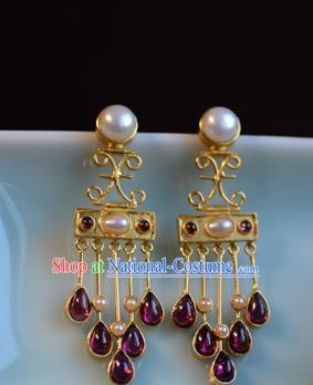 Chinese Ancient Court Pearls Golden Ear Jewelry Traditional Tang Dynasty Garnet Tassel Earrings Accessories