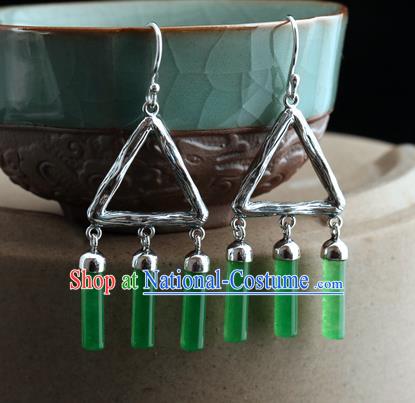 Handmade Chinese Jade Tassel Eardrop Classical Cheongsam Earrings Accessories Traditional Silver Ear Jewelry