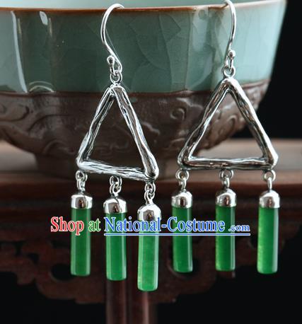 Handmade Chinese Jade Tassel Eardrop Classical Cheongsam Earrings Accessories Traditional Silver Ear Jewelry