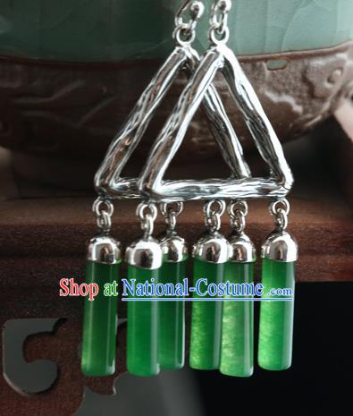 Handmade Chinese Jade Tassel Eardrop Classical Cheongsam Earrings Accessories Traditional Silver Ear Jewelry