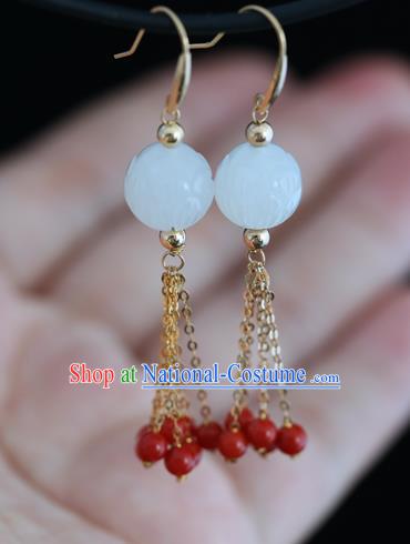 Handmade Chinese Hetian Jade Eardrop Classical Cheongsam Earrings Accessories Traditional Red Beads Tassel Ear Jewelry