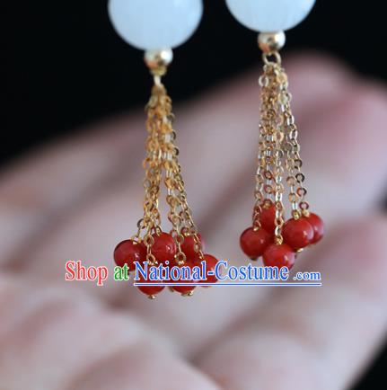 Handmade Chinese Hetian Jade Eardrop Classical Cheongsam Earrings Accessories Traditional Red Beads Tassel Ear Jewelry