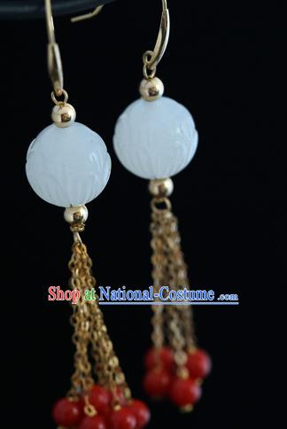 Handmade Chinese Hetian Jade Eardrop Classical Cheongsam Earrings Accessories Traditional Red Beads Tassel Ear Jewelry