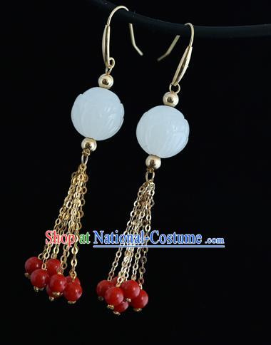 Handmade Chinese Hetian Jade Eardrop Classical Cheongsam Earrings Accessories Traditional Red Beads Tassel Ear Jewelry