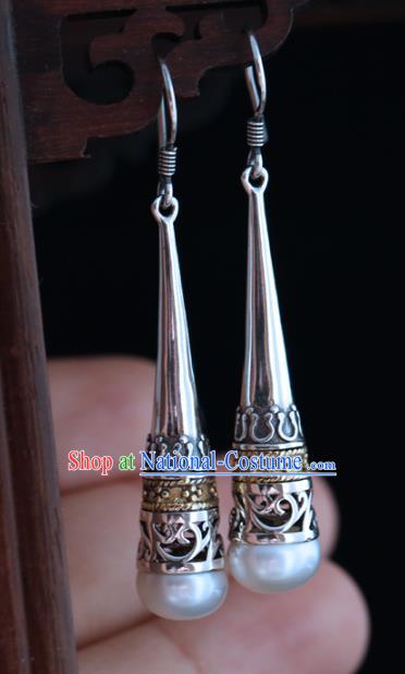 Handmade Chinese Pearl Eardrop Classical Cheongsam Earrings Accessories Traditional Silver Ear Jewelry