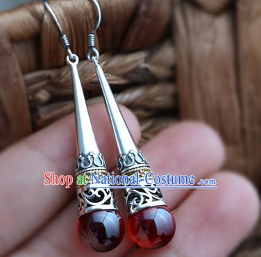 Handmade Chinese Red Garnet Eardrop Traditional Silver Ear Jewelry Classical Cheongsam Earrings Accessories