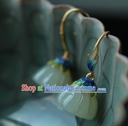 Handmade Chinese Cloisonne Eardrop Traditional Ear Jewelry Classical Cheongsam Jade Lotus Seedpod Earrings Accessories