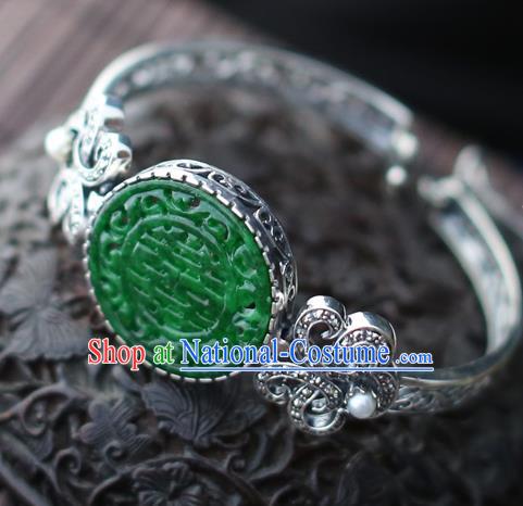 China Traditional Silver Bracelet Classical Cheongsam Jade Wristlet Bangle Jewelry Accessories