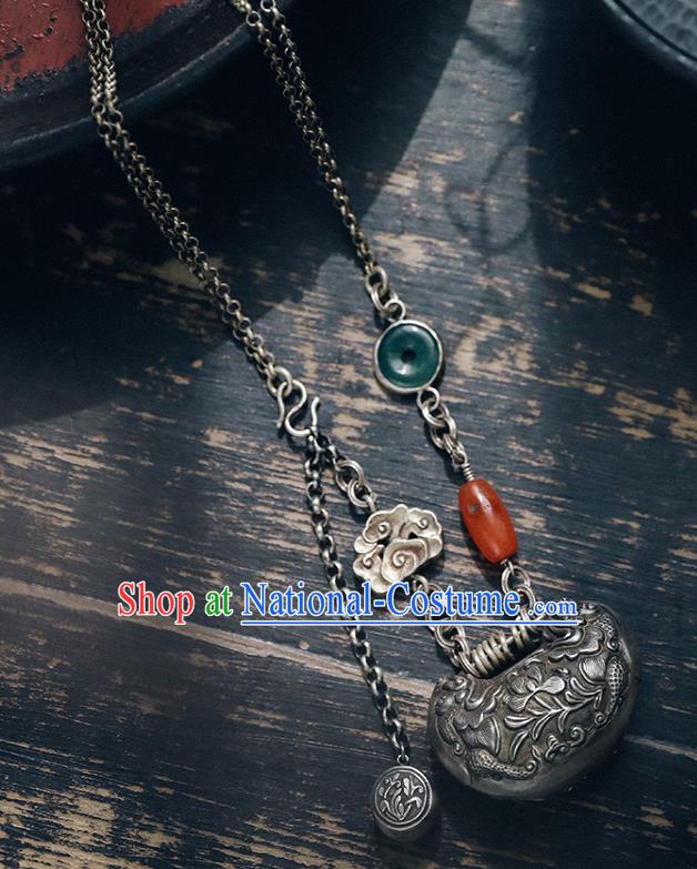 Chinese Classical Silver Carving Longevity Lock National Necklace Handmade Ethnic Necklet Accessories