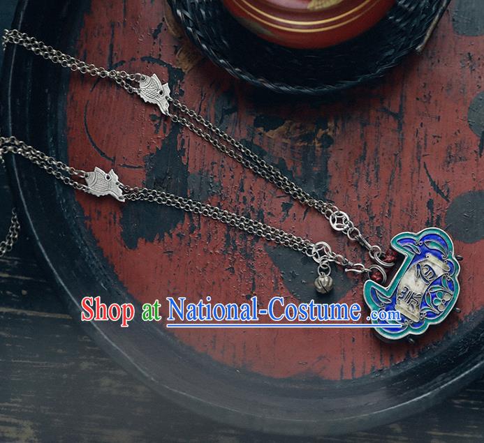 Chinese National Cloisonne Necklace Handmade Ethnic Necklet Accessories Classical Silver Carving Longevity Lock