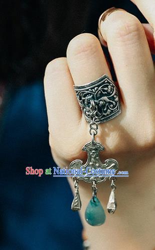 China Traditional Jewelry Accessories Jade Tassel Circlet Handmade Silver Carving Ring