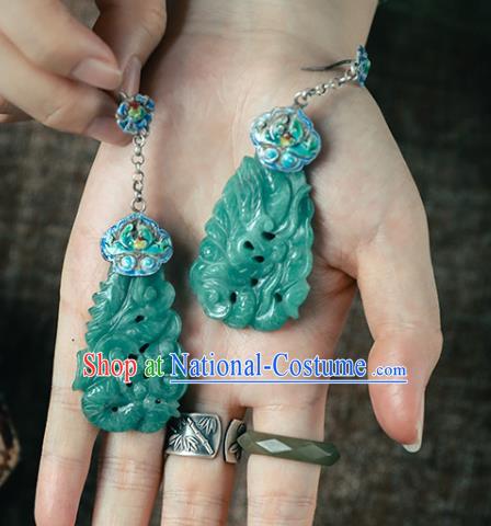 Handmade Chinese Classical Cheongsam Enamel Earrings Accessories Jade Carving Eardrop Traditional Ear Jewelry