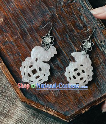 Handmade Chinese White Jade Cock Eardrop Traditional Ear Jewelry Classical Cheongsam Earrings Accessories