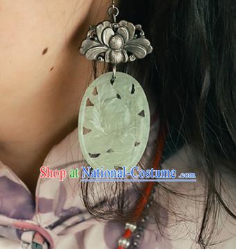 Handmade Chinese Silver Carving Peony Eardrop Traditional Ear Jewelry Classical Cheongsam Jade Earrings Accessories