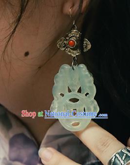 Handmade Chinese Classical Cheongsam Jade Butterfly Earrings Accessories Silver Carving Eardrop Traditional Ear Jewelry