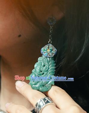 Handmade Chinese Classical Cheongsam Green Jade Earrings Accessories Silver Eardrop Traditional Cloisonne Ear Jewelry